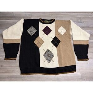 Vintage Crewneck Knit Sweater 100% Cotton Argyle Boyfriend Fit Croft Barrow Sz L